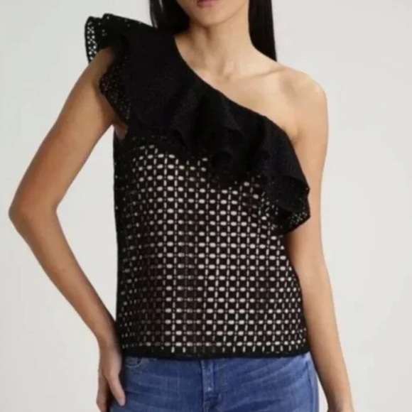 J CREW Black Ruffle Eyelet One Shoulder Top Sz 4 - Picture 3 of 16